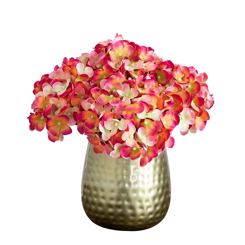11" Pink Hydrangea Arrangement in Gold Metal Vase