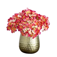 11" Pink Hydrangea Arrangement in Gold Metal Vase