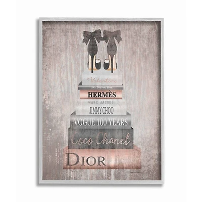 Stupell Industries Luxury Fashion Book Stack & Black Heels Wall Art in Gray Frame