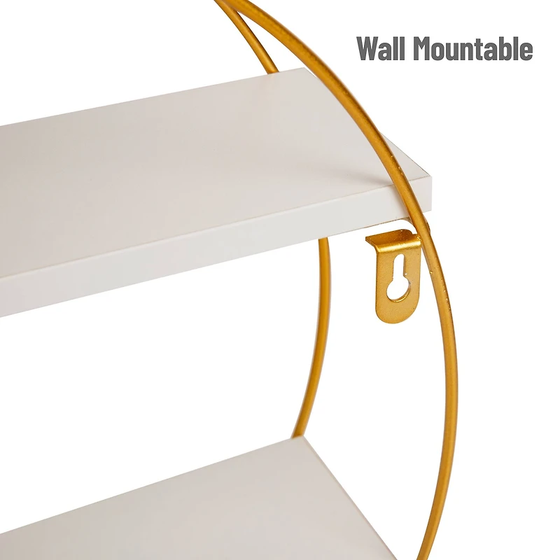 Mind Reader Floating Round Wall Shelves, Gold Metal Frame with Dual White Display Shelves, White