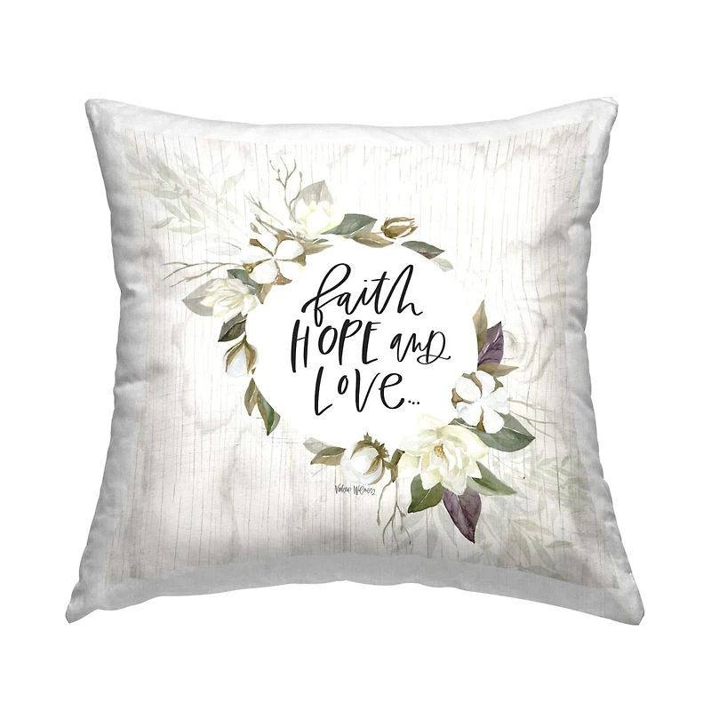 Stupell Industries Faith Hope Love White Floral Wreath Sentiment Throw Pillow, 18" x 18"