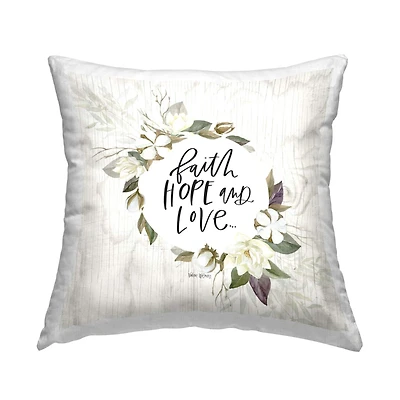 Stupell Industries Faith Hope Love White Floral Wreath Sentiment Throw Pillow, 18" x 18"