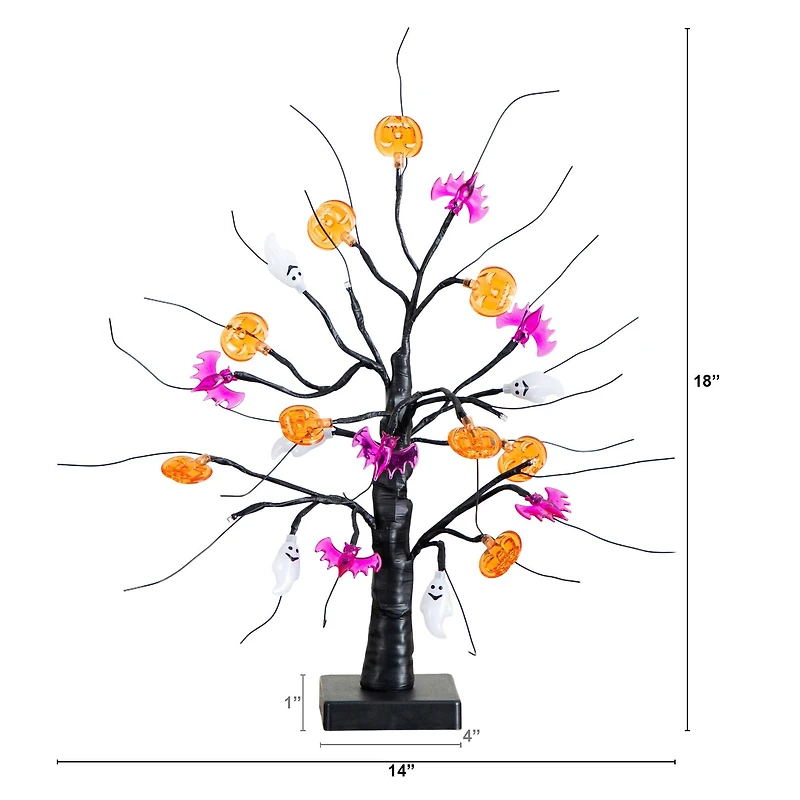 18in. Pre-Lit Artificial Halloween Ghost, Bats & Pumpkins 24 LED Lighted Ornament Tree