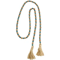 7ft. Teal Mango Wood Handmade Round Long Carved Beaded Garland with Tassel