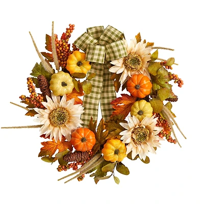 24" Pumpkin, Sunflower Artificial Autumn Wreath With Decorative Ribbon