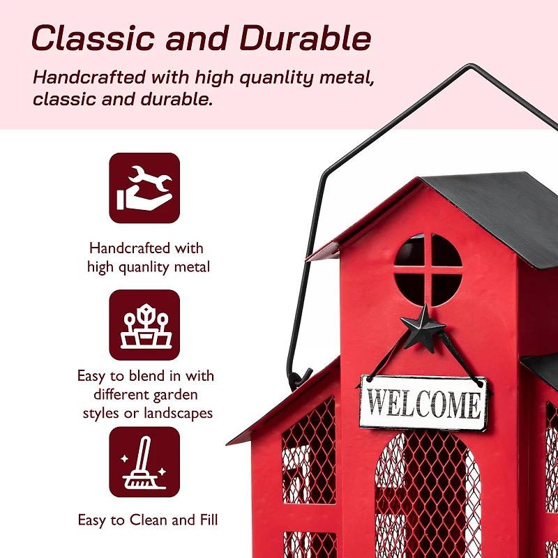 Glitzhome® 12" Red Metal Barn Hanging Bird Feeder