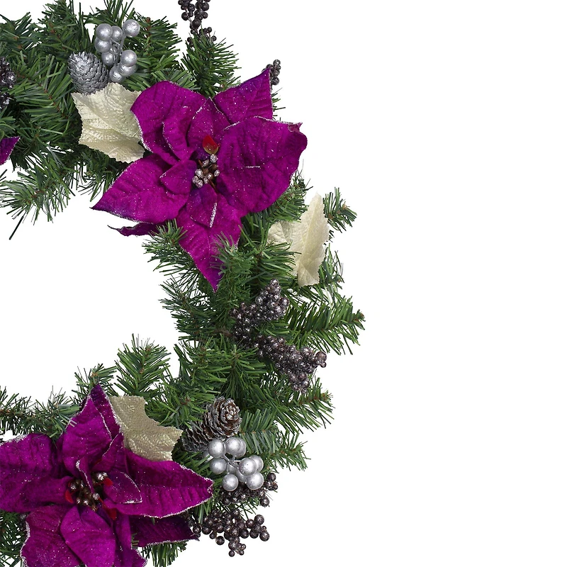 24" Two-Tone Pine with Purple Poinsettias & Berries Wreath