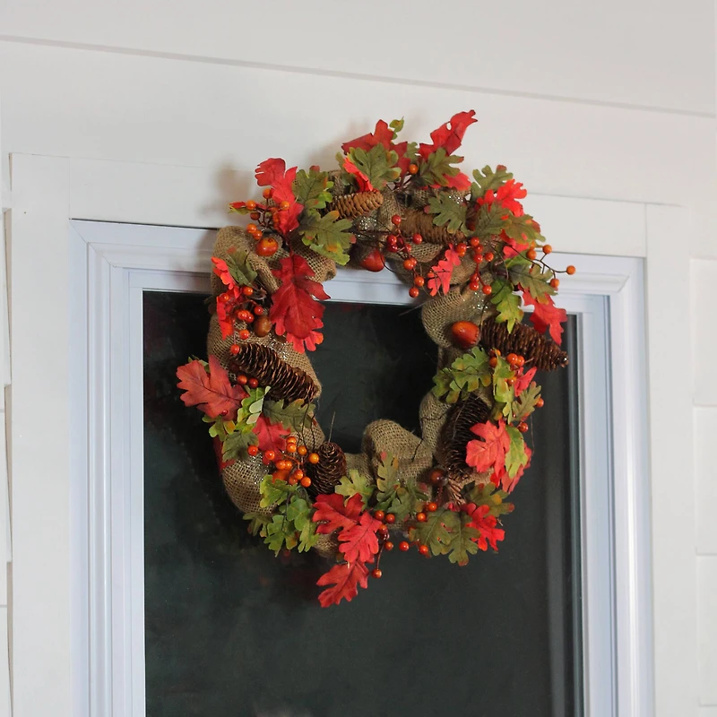 18" Unlit Autumn Harvest Acorn, Berry & Burlap Rustic Thanksgiving Wreath