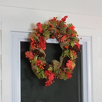 18" Unlit Autumn Harvest Acorn, Berry & Burlap Rustic Thanksgiving Wreath
