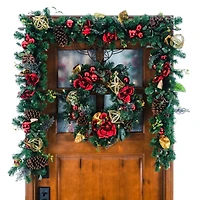 Village Lighting 24" Pre-Lit Red Magnolia Christmas Wreath, Clear LED Lights