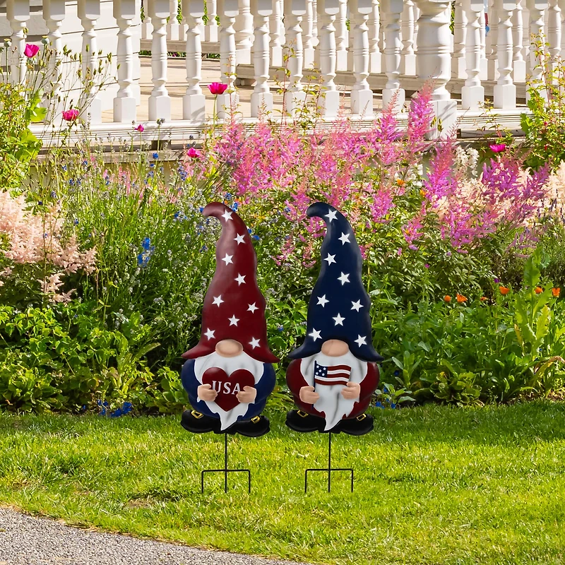 27.5" USA Patriotic Gnome Garden Stake Set