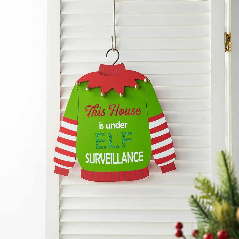 Glitzhome® 13.25" Christmas Elf Sweater Sign Door Hanger