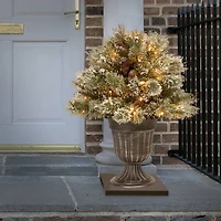 24" Glittery Bristle® Pine Porch Bush in Dark Bronze Plastic Urn with White Tipped Cones