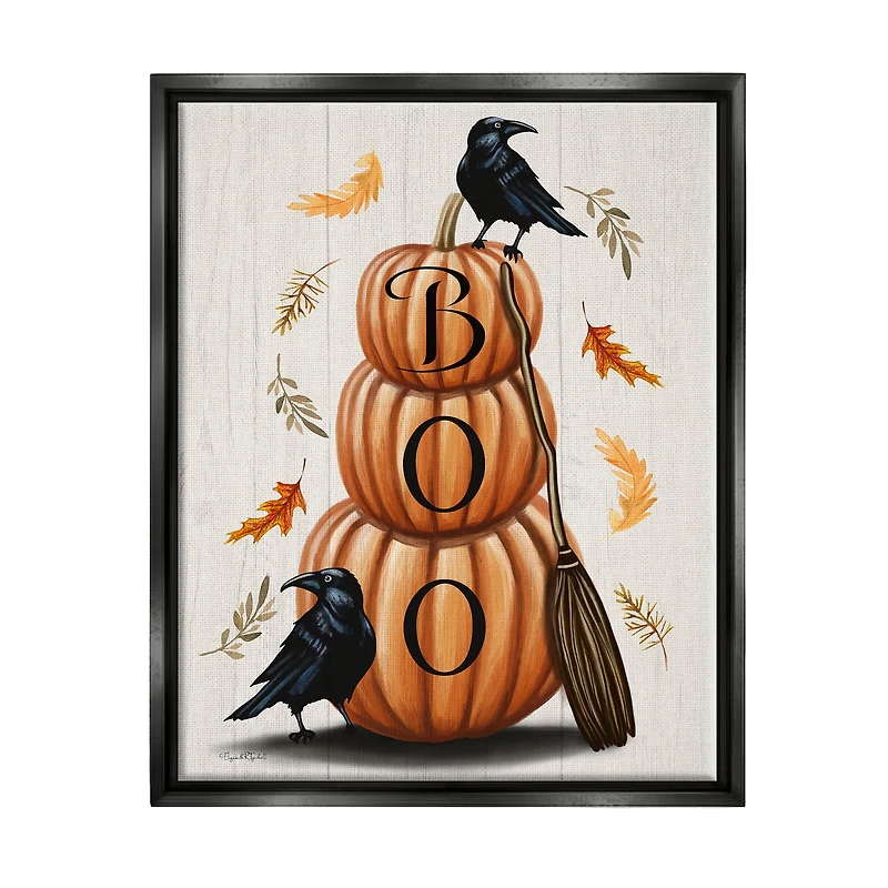 Stupell Industries Boo Ravens Pumpkin Stack Framed Floater Canvas Wall Art