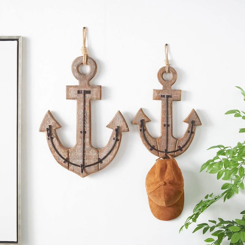 Whitewashed Brown Wood Anchor Wall Hook Set with 4 Bronze Hangers and Hanging Rope