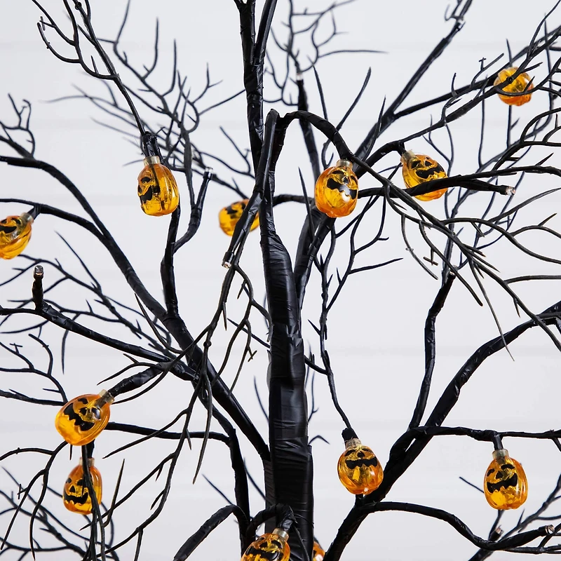 3ft. Pre-Lit Artificial Halloween Black Twig Tree with 18 Orange LED Pumpkin Shaped Lights