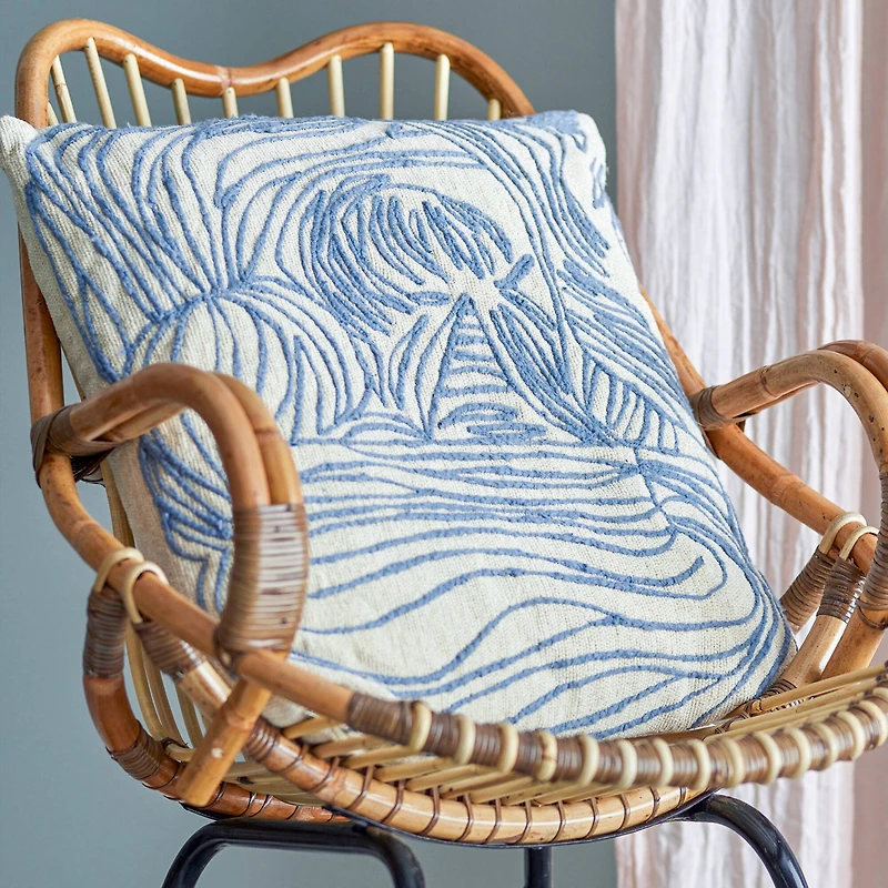 Hello Honey® 20" x 20" Natural & Blue Azure Lines Embroidered Cotton Pillow