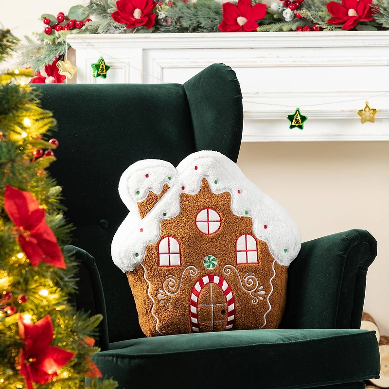 Glitzhome® 17"H Christmas Gingerbread House Shaped Pillow