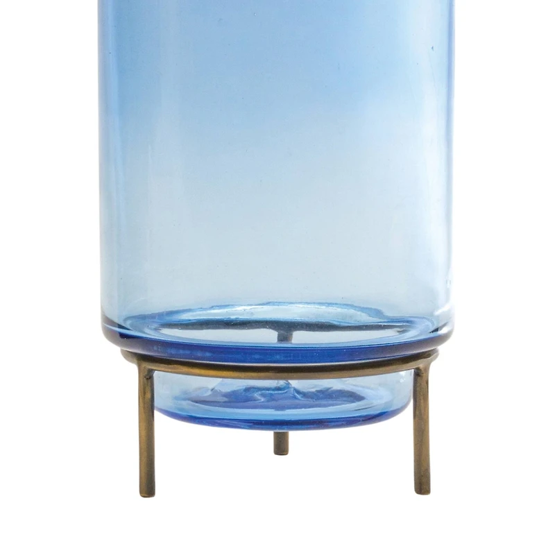 10" Blue Glass Vase with Metal Stand