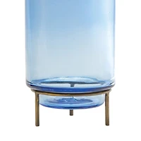10" Blue Glass Vase with Metal Stand