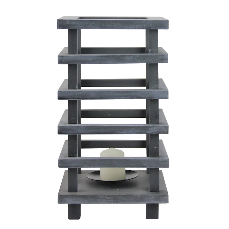 13" Gray Wooden Pagoda Tower Pillar Candle Holder