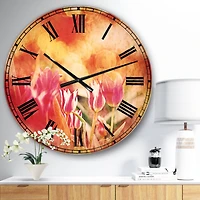 Designart 'Tulips On Abstract Red Background Traditional Wall Clock