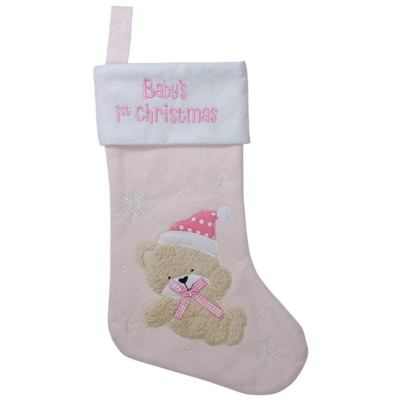 Baby's 1st Christmas Embroidered Teddy Bear Stocking - 19" - Pink and White