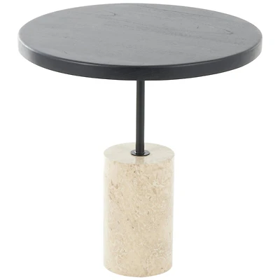 20.5" Black Wood Accent Table with Ivory Marble Base