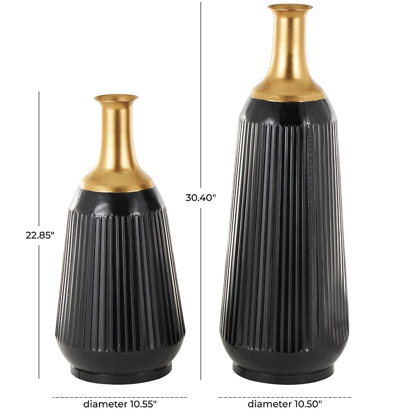 Black Metal Tall Ribbed Decorative Vase Set with Gold Tops