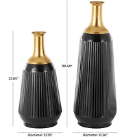 Black Metal Tall Ribbed Decorative Vase Set with Gold Tops