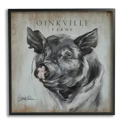Stupell Industries Oinkville Farms Rustic Sign Pig Animal Black Hog Framed Wall Art