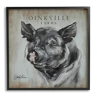 Stupell Industries Oinkville Farms Rustic Sign Pig Animal Black Hog Framed Wall Art