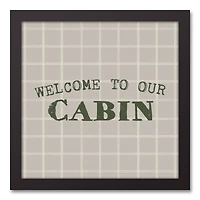 Welcome To Our Cabin Gray and White Check Canvas Wall Art in Black Frame
