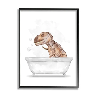 Stupell Industries T-Rex Dinosaur in Bubble Bath White Brown Framed Wall Art