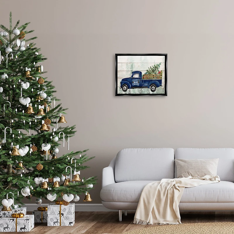 Stupell Industries Merry Christmas Blue Holiday Truck Framed Floater Canvas Wall Art