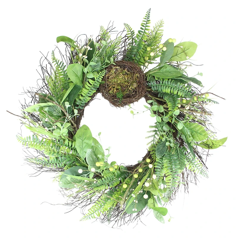 24" Green & Brown Mixed Foliage Artificial Spring Wreath with Nest