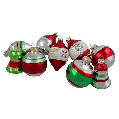 9ct. Silver, Green & Red Striped 2-Finish Glass Christmas Ornaments
