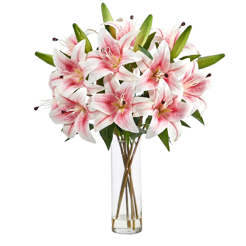 25" Artificial Pink Lily Arrangement with Cylinder Glass Vase