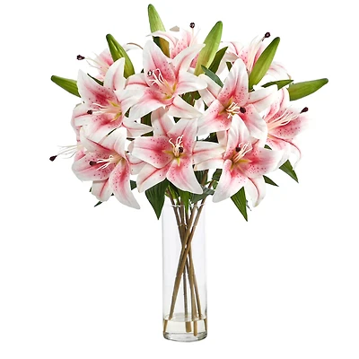 25" Artificial Pink Lily Arrangement with Cylinder Glass Vase
