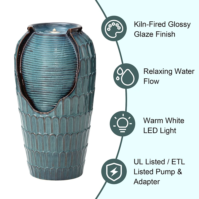 Glitzhome® 28.25" LED Petals Textured Ceramic Jar Outdoor Floor Fountain