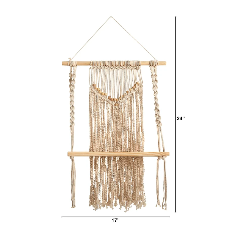 24" Boho Chic Wood Macrame Single Shelf Woven Beads Wall Art Décor