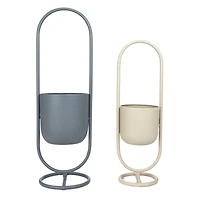 Hello Honey® Matte Gray & Sand Metal Floor Planter Set Hanging on Stands