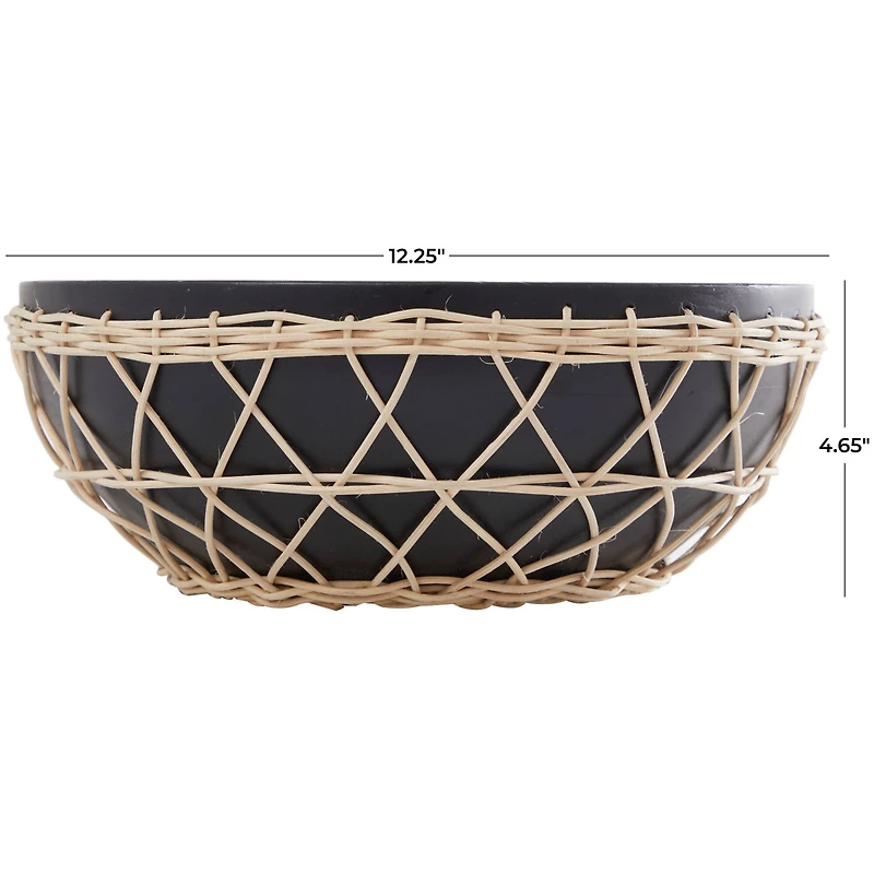12" Black Mango Wood Handmade Decorative Bowl with Woven Rope Accents