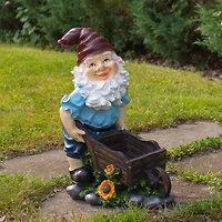 20" Blue & Brown Wheelbarrow Gnome Outdoor Garden Statue