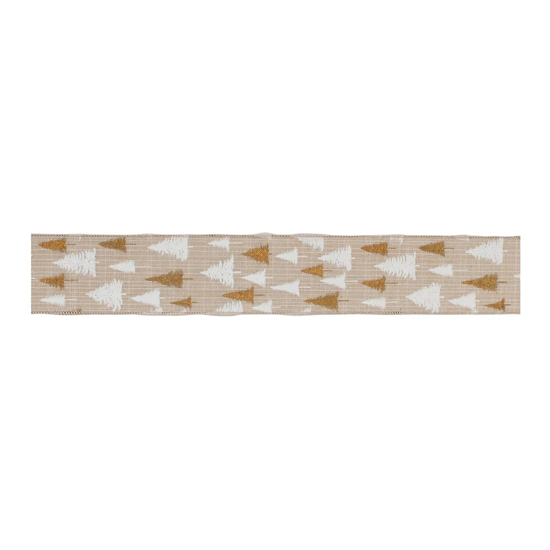 2.5" x 10yd. Brown & White Faux Linen Wired Pine Tree Ribbon, 2ct.