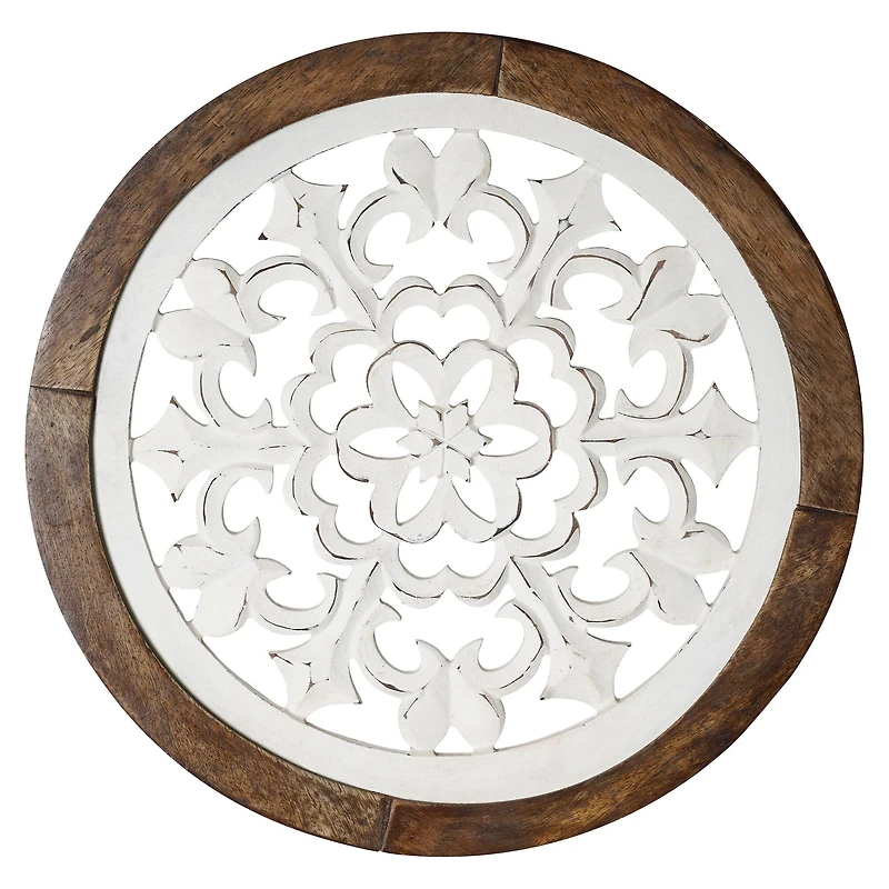 American Art Décor™ 16" Distressed Wood Framed Round White Arabesque Wall Accent Medallion