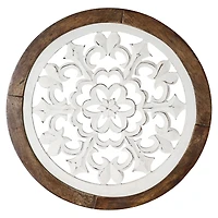 American Art Décor™ 16" Distressed Wood Framed Round White Arabesque Wall Accent Medallion