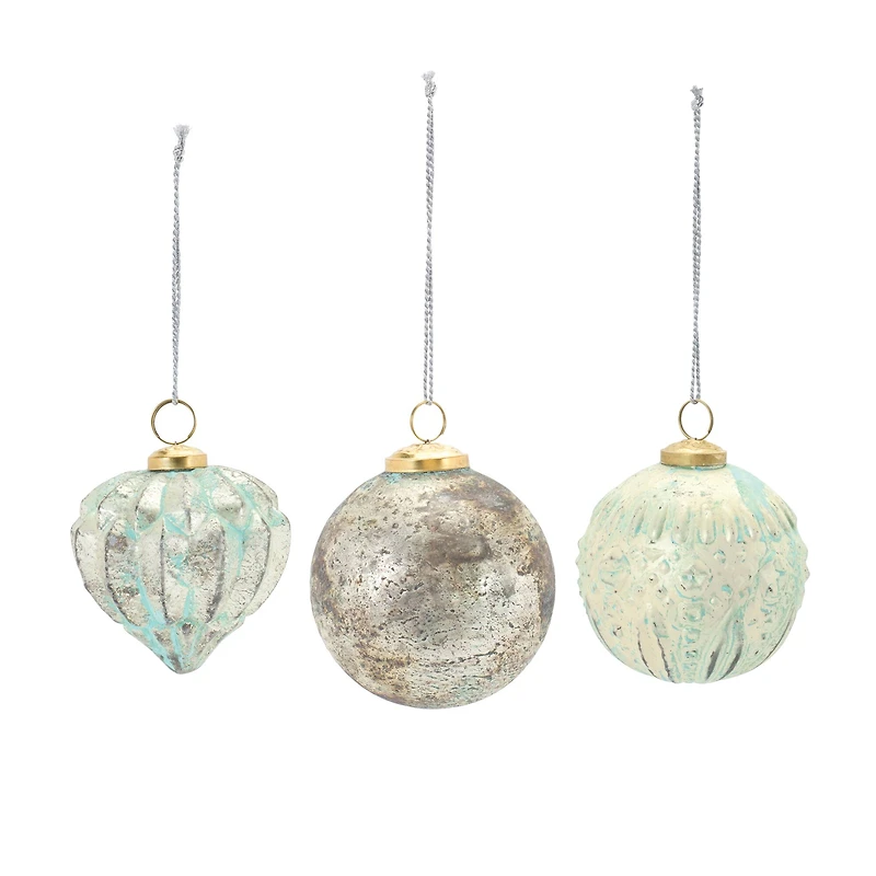 Blue Green Distressed Mercury Glass Ornament Set