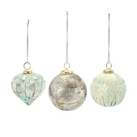 Blue Green Distressed Mercury Glass Ornament Set