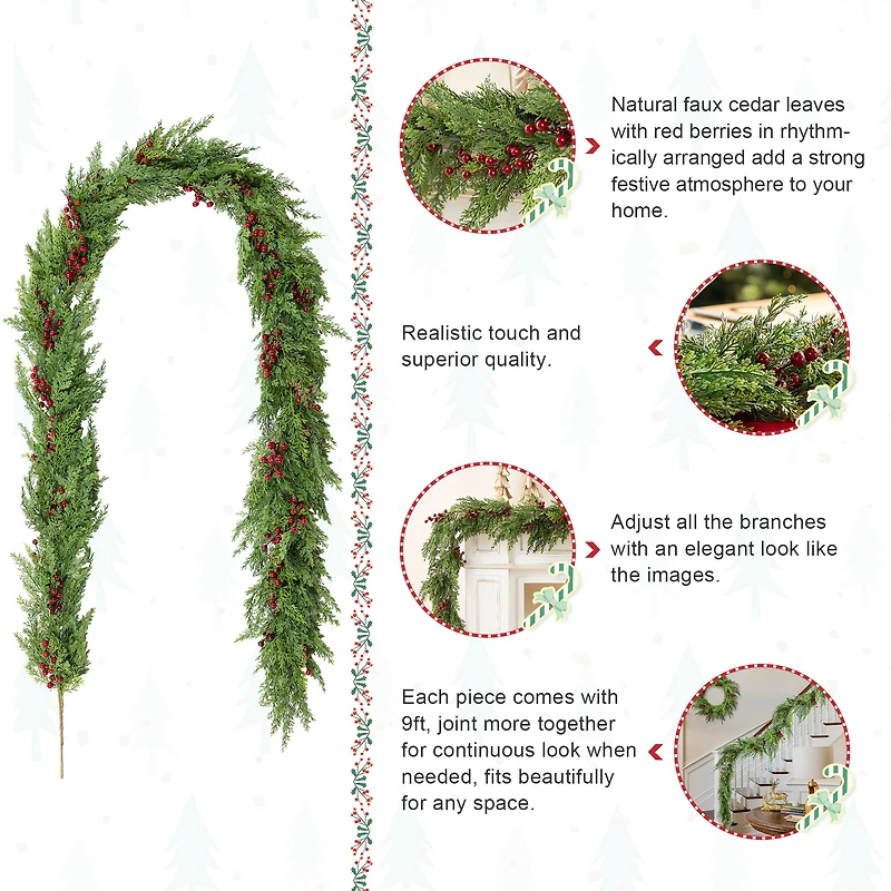 Glitzhome® 9ft Christmas Greenery PE Cedar Garland with Red Berries